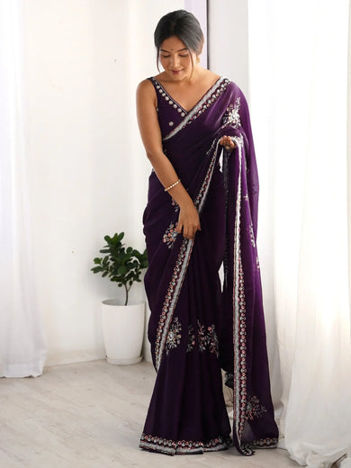 Glamorous Purple Hand Work Satin Event Wear Saree With Blouse